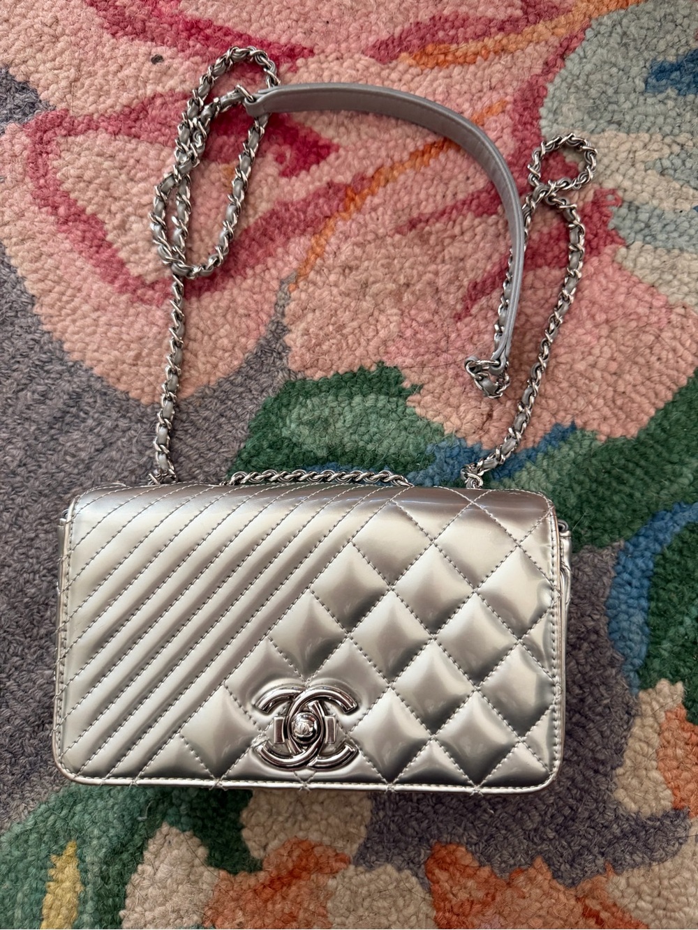 CHANEL Coco Boy Flap Bag Metallic Silver Quilted